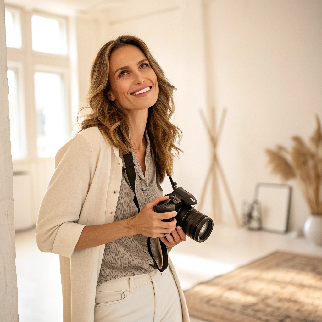 Vanesa Fresno, fotógrafa profesional en su estudio cálido y minimalista.